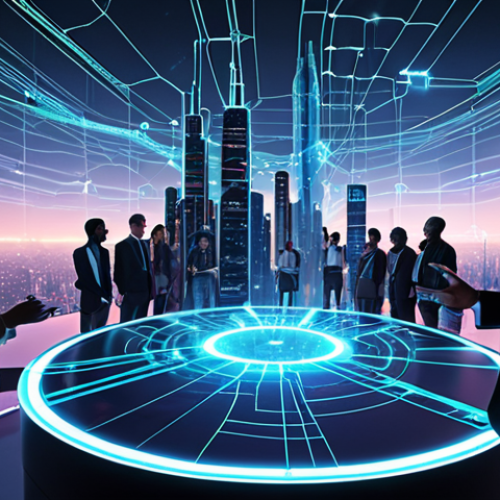 Home 11 **
Prompt: A futuristic city skyline with glowing interconnected networks overlaid, symbolizing AI and blockchain. In the foreground, a diverse group of people collaborate around a holographic table displaying complex data visualizations. Emphasis on teamwork, augmented intelligence, and a tech-savvy future. A hopeful and optimistic scene. Style: Clean, modern, slightly cyberpunk.
**