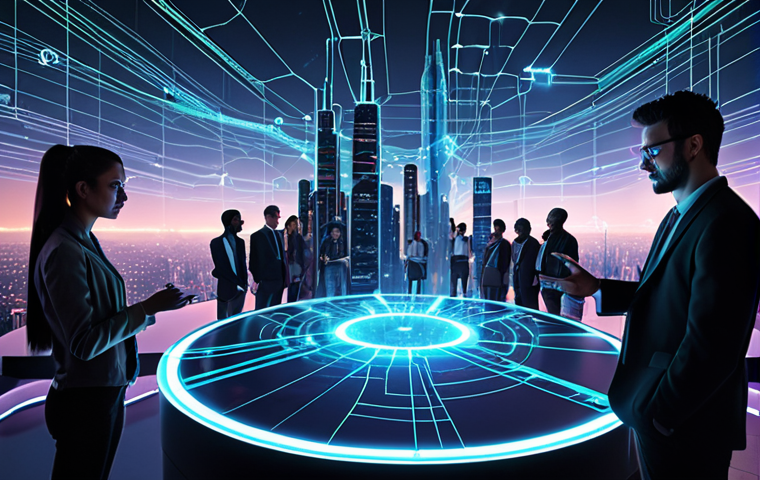 **
Prompt: A futuristic city skyline with glowing interconnected networks overlaid, symbolizing AI and blockchain. In the foreground, a diverse group of people collaborate around a holographic table displaying complex data visualizations. Emphasis on teamwork, augmented intelligence, and a tech-savvy future. A hopeful and optimistic scene. Style: Clean, modern, slightly cyberpunk.
**