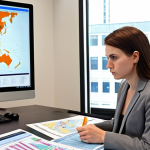 **

A policy analyst working at a bright, modern desk in a government office. She's surrounded by stacks of reports and data visualizations on multiple monitors. One monitor displays a map highlighting areas affected by a proposed environmental policy. She is thoughtfully holding a pen and looking at the data with a determined expression. The overall scene is professional and subtly conveys the importance of data-driven decision-making.

**