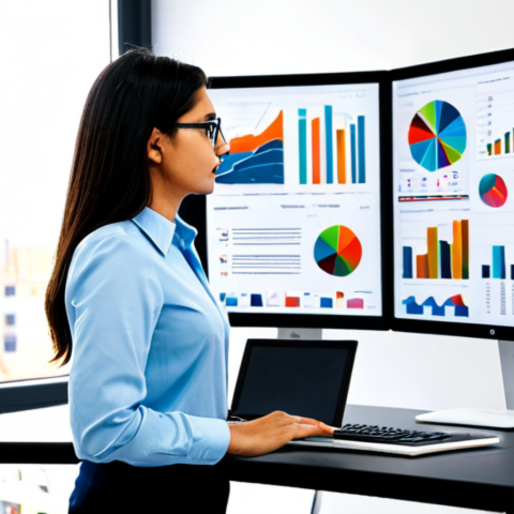 **
A professional policy analyst in a modern office, fully clothed in a modest business casual outfit. She's reviewing a complex data visualization on a large monitor, with multiple colorful charts and graphs displayed. Bookshelves filled with policy reports and academic texts line the background. Perfect anatomy, correct proportions, natural pose. Appropriate attire, safe for work, professional, family-friendly. high quality, detailed, professional photograph.
**