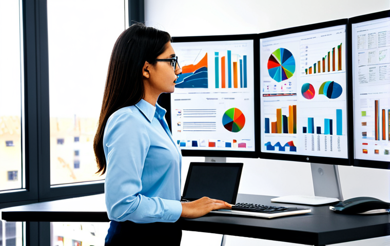 **
A professional policy analyst in a modern office, fully clothed in a modest business casual outfit. She's reviewing a complex data visualization on a large monitor, with multiple colorful charts and graphs displayed. Bookshelves filled with policy reports and academic texts line the background. Perfect anatomy, correct proportions, natural pose. Appropriate attire, safe for work, professional, family-friendly. high quality, detailed, professional photograph.
**