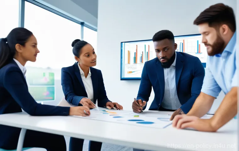 정책분석사와 팀 내 소통의 중요성 - **Prompt:** A modern, brightly lit office environment. On the left, a diverse group of analytical pr...