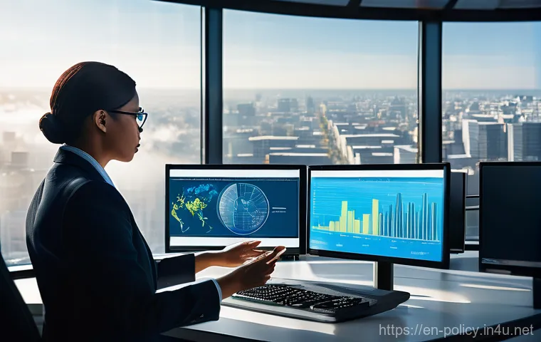 정책분석사와 빅데이터 분석 활용법 - **Prompt:** A dynamic, high-angle shot capturing a diverse team of policy analysts (male, female, va...