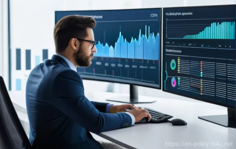 정책분석사와 효과적인 보고서 작성 사례 - A professional, diverse policy analyst, mid-30s, sits at a sleek, minimalist desk in a modern, well-...