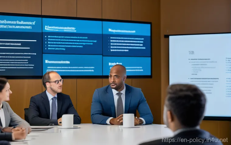 정책분석사와 효과적인 보고서 작성 사례 - A diverse group of individuals, including a policy analyst (mid-40s, dressed in smart casual wear), ...