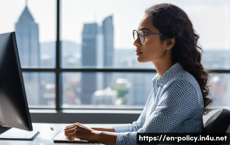 정책분석사와 직무별 요구 기술 분석 - **Prompt: "A focused, professional female policy analyst in her late 20s to early 30s, wearing busin...