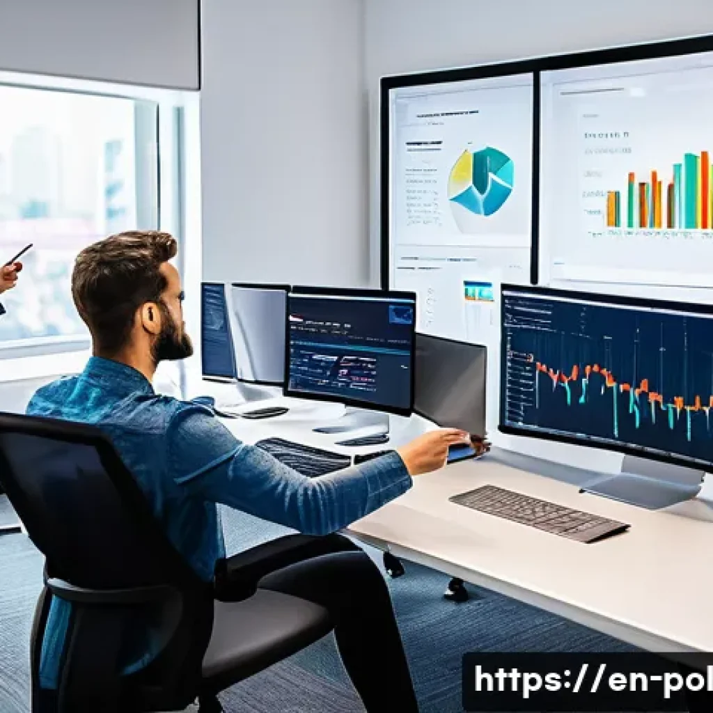 정책분석사와 공공 데이터의 분석 사례 - **A diverse team of data scientists collaborating in a modern, open-plan office. One analyst is poin...