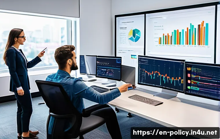 정책분석사와 공공 데이터의 분석 사례 - **A diverse team of data scientists collaborating in a modern, open-plan office. One analyst is poin...