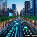 정책분석사와 데이터 분석 성공 사례 연구 - **Prompt:** A bustling, futuristic city street at dusk, viewed from a slightly elevated angle. Holog...