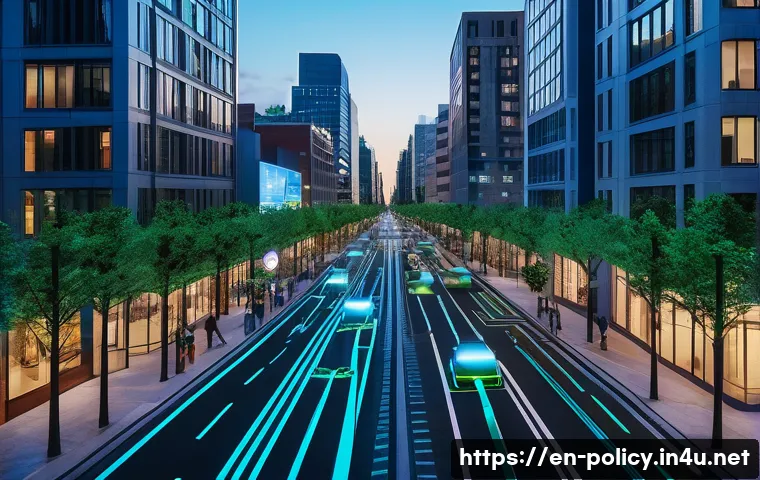 정책분석사와 데이터 분석 성공 사례 연구 - **Prompt:** A bustling, futuristic city street at dusk, viewed from a slightly elevated angle. Holog...