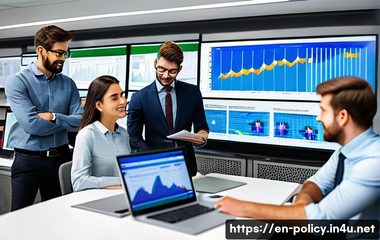 정책분석사와 경력 계발을 위한 조언 - A modern office setting with a diverse group of young policy analysts collaborating around a large t...