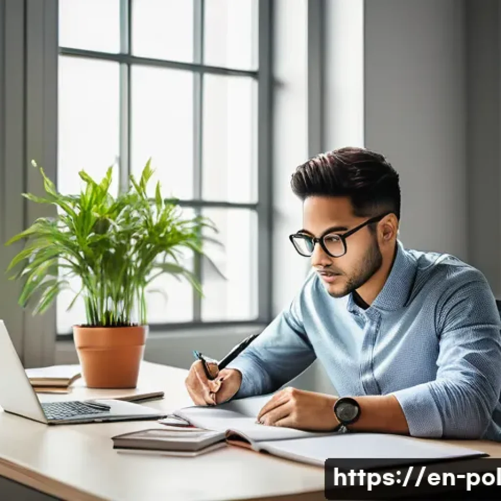 정책분석사 자격증 시험일정 안내 - A focused young professional sitting at a modern desk in a bright, organized home office, surrounded...
