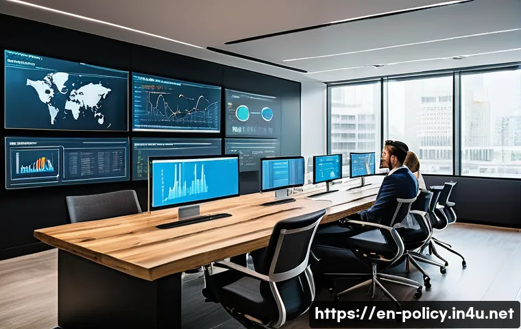 정책분석사와 공공정책과 관련된 트렌드 분석 - A modern policy analyst’s office with multiple large monitors displaying complex data visualizations...