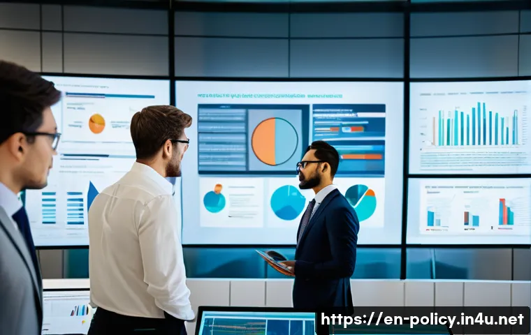정책분석사와 연구 윤리 가이드 - A modern policy research office scene featuring a diverse group of professional analysts engaged in ...