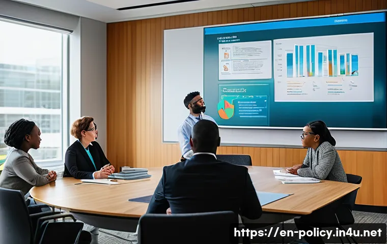 정책분석사와 실험적 정책의 도입 사례 - A diverse group of policy analysts and frontline workers in a modern conference room, engaged in a c...