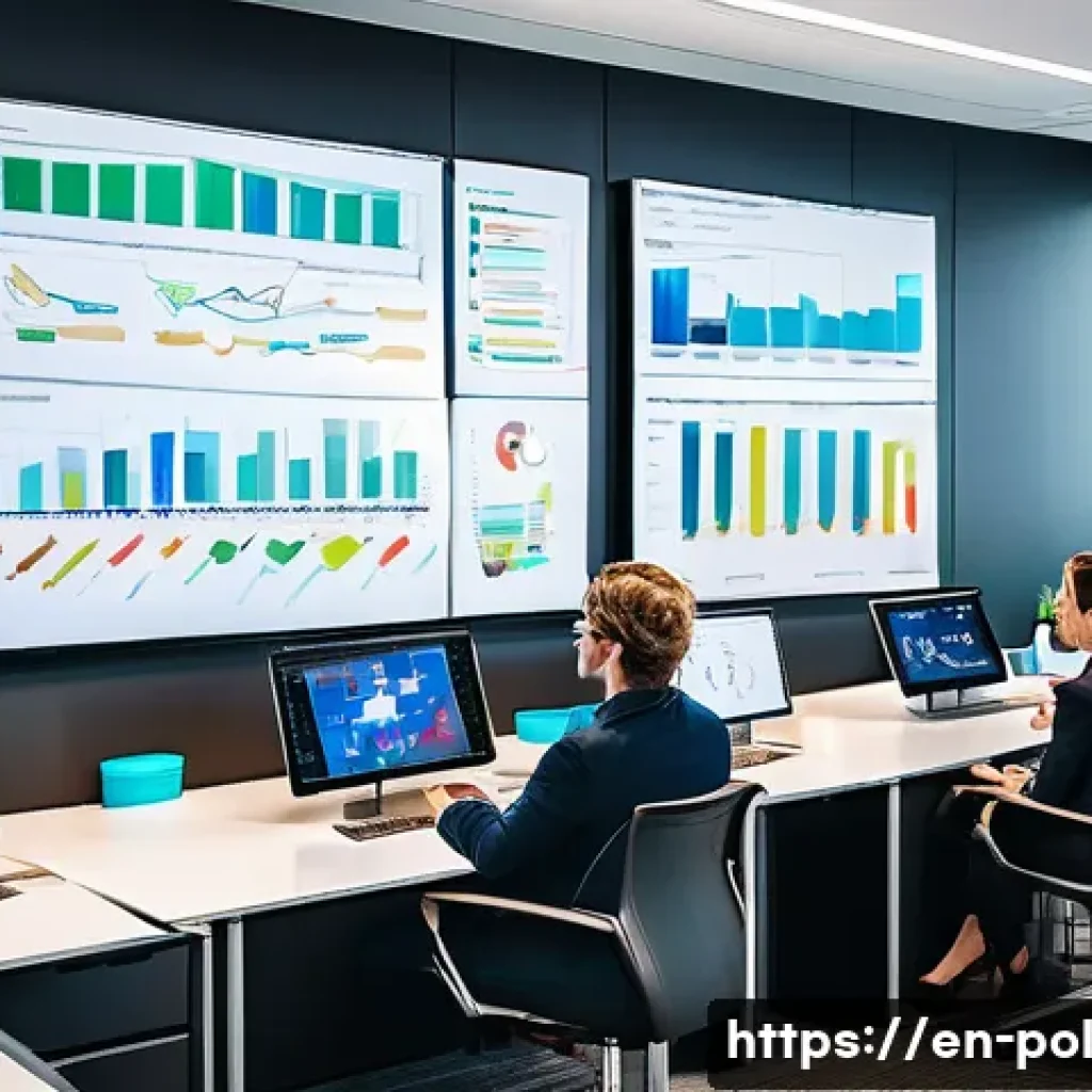 정책분석사 자기계발 추천 과정 - A modern office scene showing a diverse team of policy analysts collaboratively working on data visu...