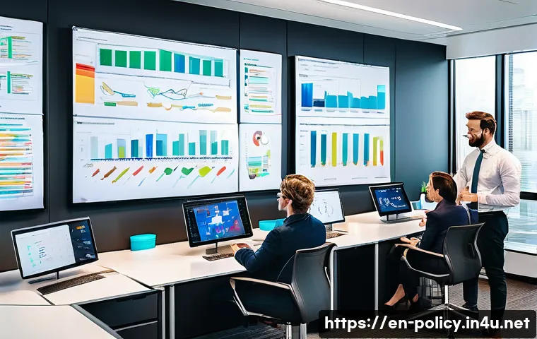 정책분석사 자기계발 추천 과정 - A modern office scene showing a diverse team of policy analysts collaboratively working on data visu...