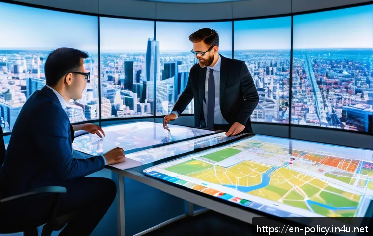 정책분석사와 공공정책 수립 사례 연구 - A modern policy analyst workspace scene showing a diverse team of professionals collaborating around...