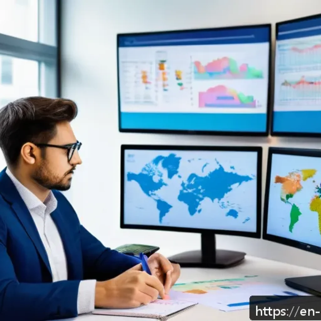 정책분석사 실무 경험 공유 - A professional policy analyst working at a modern office desk filled with multiple screens displayin...