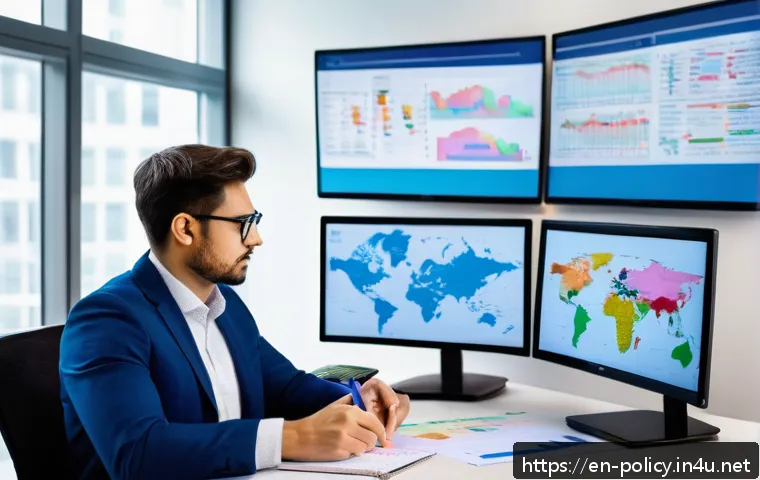 정책분석사 실무 경험 공유 - A professional policy analyst working at a modern office desk filled with multiple screens displayin...