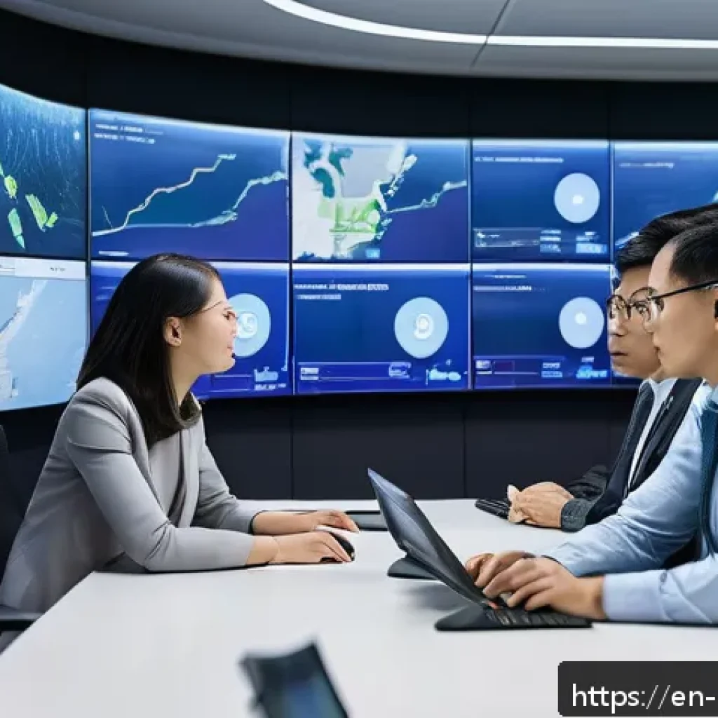정책분석사와 데이터 중심 의사결정 사례 - A modern urban control room featuring a diverse team of analysts monitoring multiple large digital s...