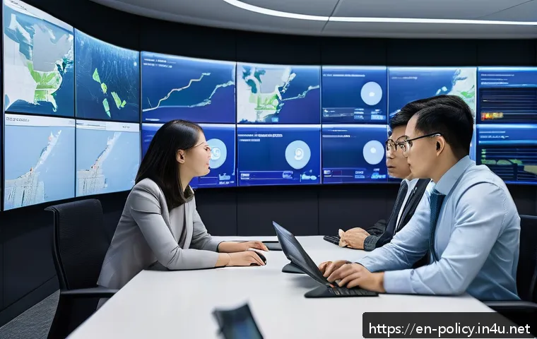 정책분석사와 데이터 중심 의사결정 사례 - A modern urban control room featuring a diverse team of analysts monitoring multiple large digital s...