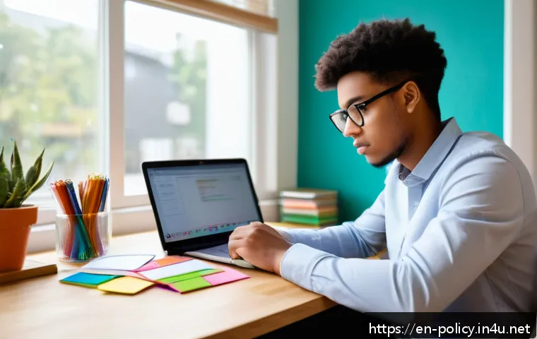 정책분석사 시험 응시 후기 모음 - A focused young adult studying at a clean, organized desk in a bright, distraction-free home office,...