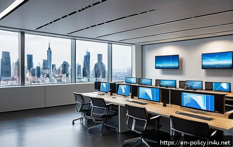정책분석사와 데이터 기반 직무의 성공 사례 - A modern office environment where a diverse group of policy analysts, dressed in professional busine...