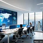 Home 19 정책분석사와 직무 관련 트렌드와 혁신 사례 - A modern policy analyst workspace featuring multiple large digital screens displaying complex data v...