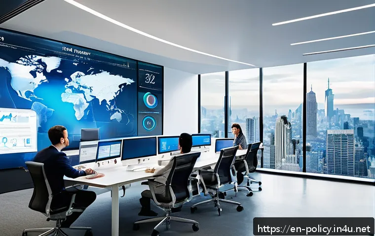 정책분석사와 직무 관련 트렌드와 혁신 사례 - A modern policy analyst workspace featuring multiple large digital screens displaying complex data v...