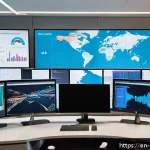 Home 23 정책분석사와 연구와 정책의 연계 사례 - A modern policy analyst’s workspace featuring multiple large computer monitors displaying colorful, ...