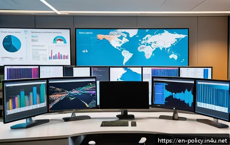 정책분석사와 연구와 정책의 연계 사례 - A modern policy analyst&rsquo;s workspace featuring multiple large computer monitors displaying colorful, ...
