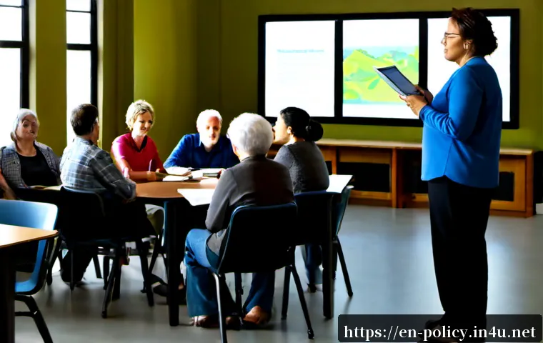 정책분석사와 지역사회 정책의 효과 - Photorealistic community policy analyst presenting neighborhood improvement findings to a diverse gr...
